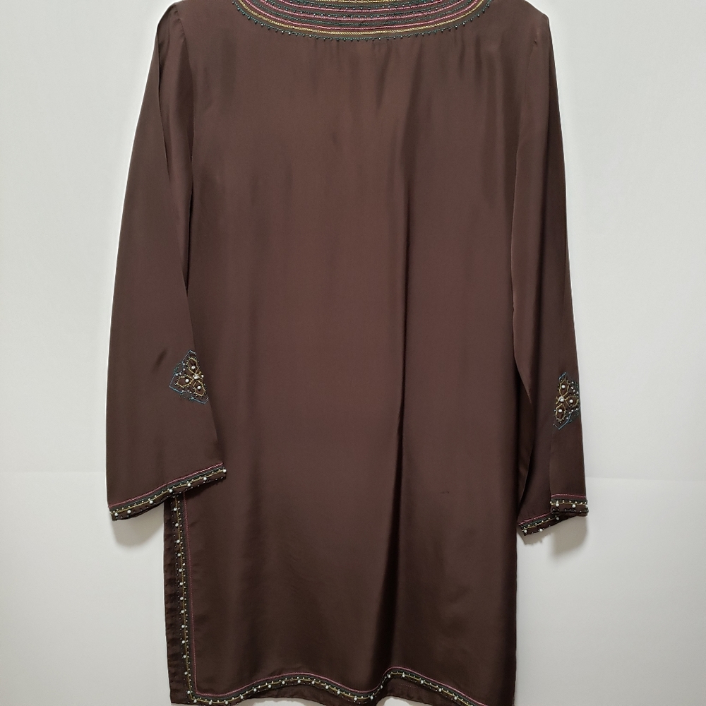 COLDWATER CREEK Brown Silk Dress w/Beaded Trim - Picture 12 of 14
